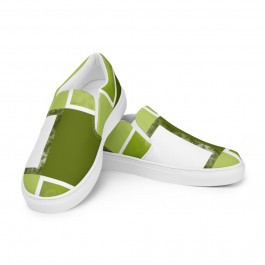 Green & White Abstract Squares Men’s Slip-on Canvas Sneakers